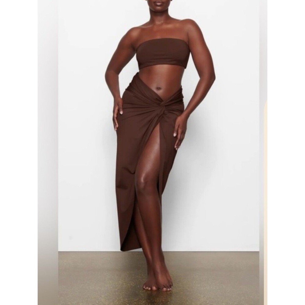 Skims Swim Sarong Skirt Long Ruched Cover Up Beach Wrap Size M Brown